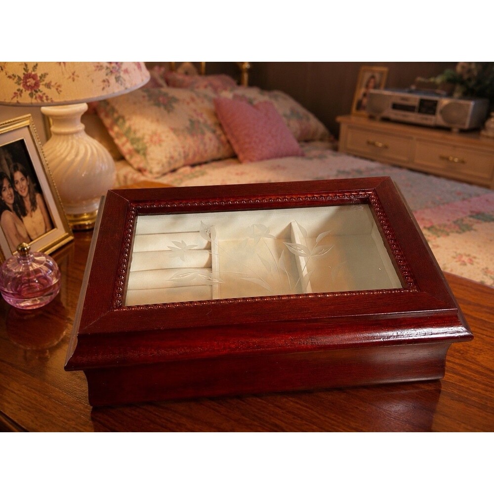 Cherry Finish Wooden Jewelry Box Etched Glass Lid 3 Compartment Ring Holder Vtg